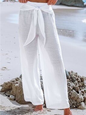 Cupshe White Tie-Waist Sheer Wide-Leg Beach Pants